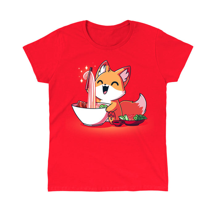 Classic Cotton T-shirt_TeeTurtle Pho Fox red apparel featuring a happy fox eating a bowl of pho noodles.