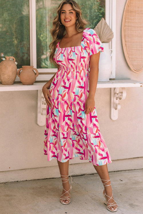 Pink Brush Stroke Printed Smocked Ruffle Tiered Dress - PINK / S / 100% POLYESTER - Dresses/Midi Dresses