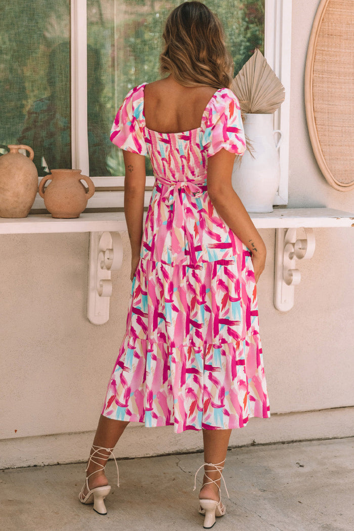 Pink Brush Stroke Printed Smocked Ruffle Tiered Dress - Dresses/Midi Dresses