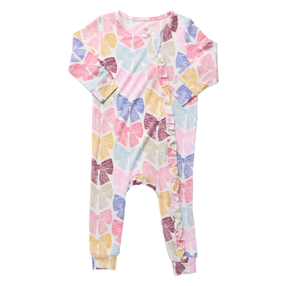 Pink Chicken Bamboo Ruffle Romper in Bright Multi Bows