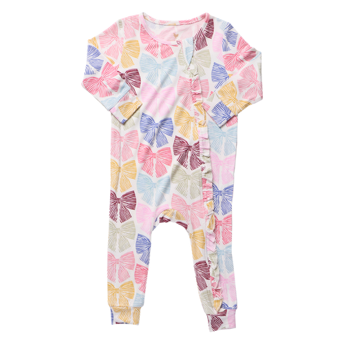 Pink Chicken Bamboo Ruffle Romper in Bright Multi Bows