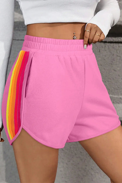 Pink Colour Block Stripes Elastic High Waist Active Shorts - Bonbon / S / 85% Polyester + 10% Cotton + 5% Elastane