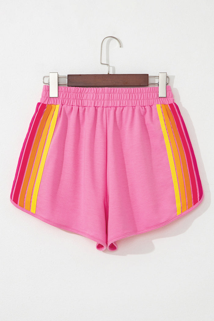 Pink Colour Block Stripes Elastic High Waist Active Shorts - Bottoms/Casual