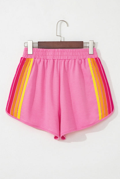 Pink Colour Block Stripes Elastic High Waist Active Shorts - Bottoms/Casual