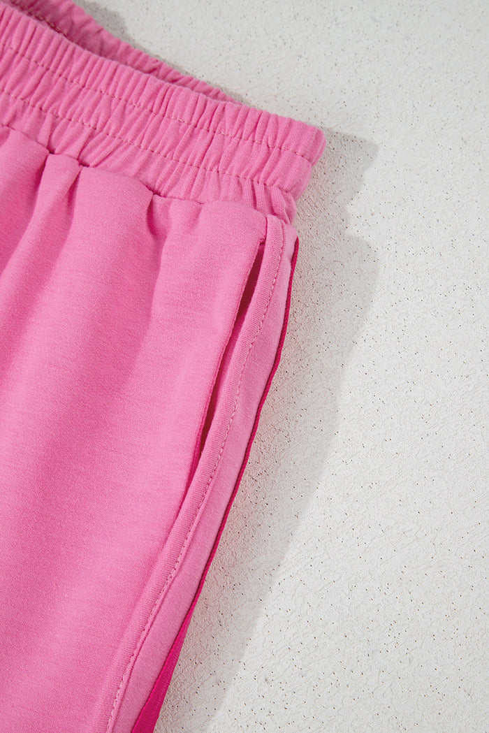 Pink Colour Block Stripes Elastic High Waist Active Shorts - Bottoms/Casual