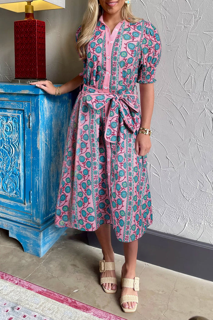 Pink Floral Shirred Puff Sleeve Buttoned Front Midi Dress with Sash - S / 100% Polyester - Dresses/Midi Dresses