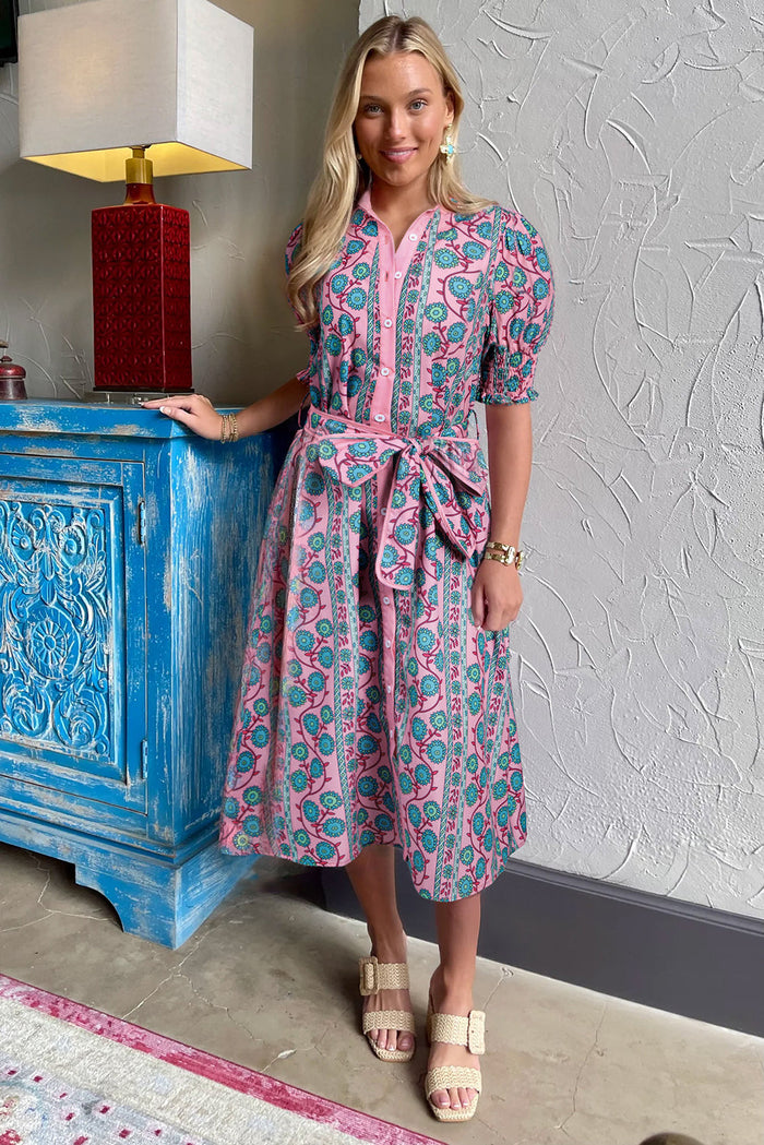 Pink Floral Shirred Puff Sleeve Buttoned Front Midi Dress with Sash - Dresses/Midi Dresses