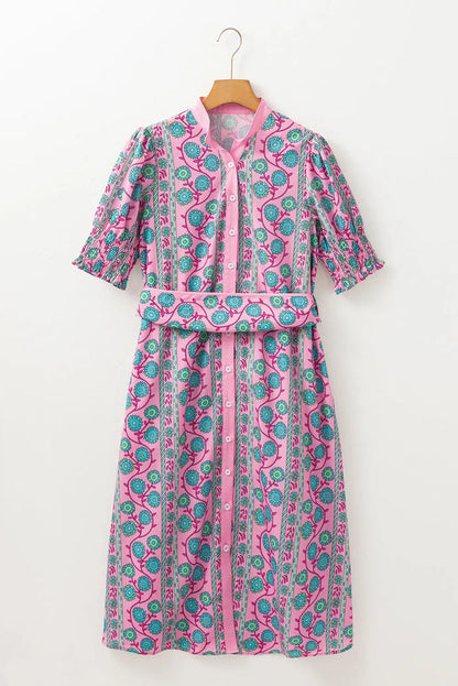 Pink Floral Shirred Puff Sleeve Buttoned Front Midi Dress with Sash - Dresses/Midi Dresses