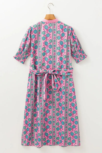 Pink Floral Shirred Puff Sleeve Buttoned Front Midi Dress with Sash - Dresses/Midi Dresses