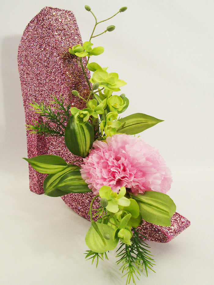Pink High Heel Shoe with silk flowers centerpiece