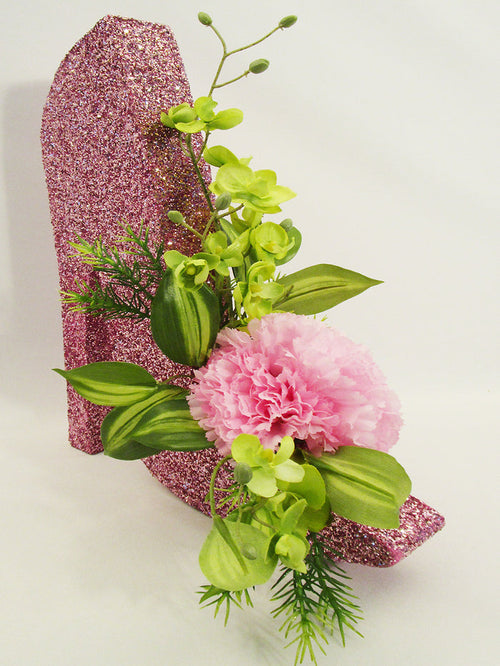 Pink High Heel Shoe with silk flowers centerpiece