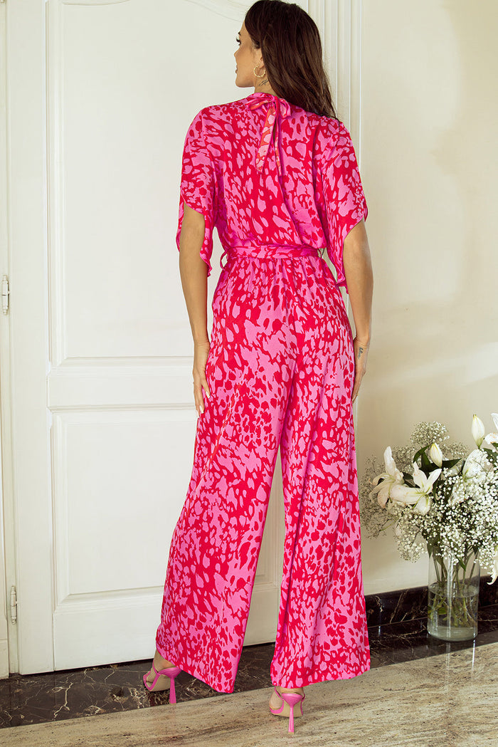 Pink Leopard Loose Sleeve Belted Wide Leg Jumpsuit - Occasionwear/Playsuits & Jumpsuits