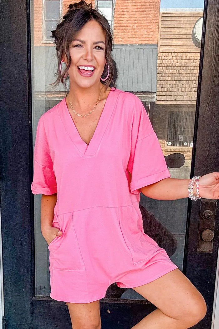 Pink Loose Half Sleeve V Neck Knit Romper - Bottoms/Jumpsuits & Rompers