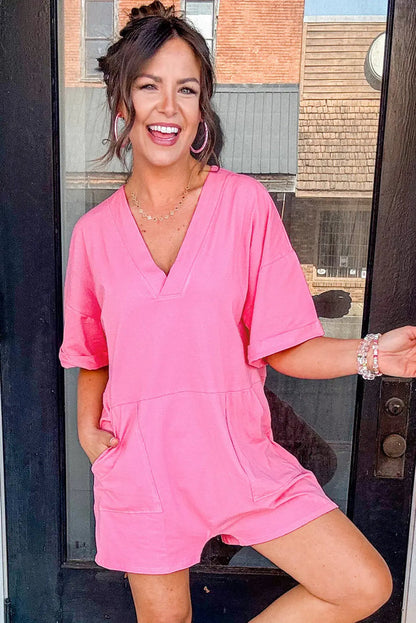 Pink Loose Half Sleeve V Neck Knit Romper - Bottoms/Jumpsuits & Rompers