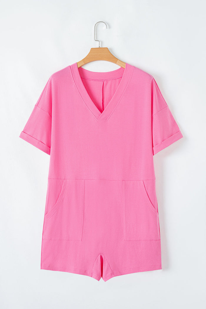 Pink Loose Half Sleeve V Neck Knit Romper - Bottoms/Jumpsuits & Rompers