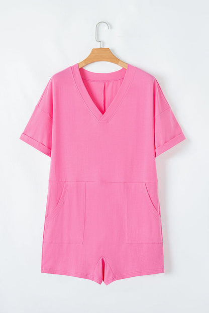 Pink Loose Half Sleeve V Neck Knit Romper - Bottoms/Jumpsuits & Rompers