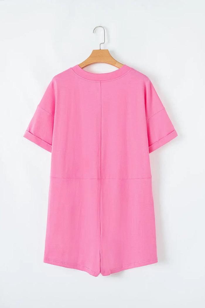 Pink Loose Half Sleeve V Neck Knit Romper - Bottoms/Jumpsuits & Rompers