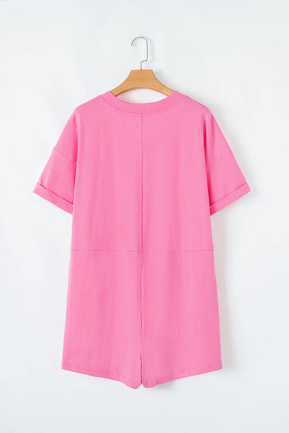 Pink Loose Half Sleeve V Neck Knit Romper - Bottoms/Jumpsuits & Rompers