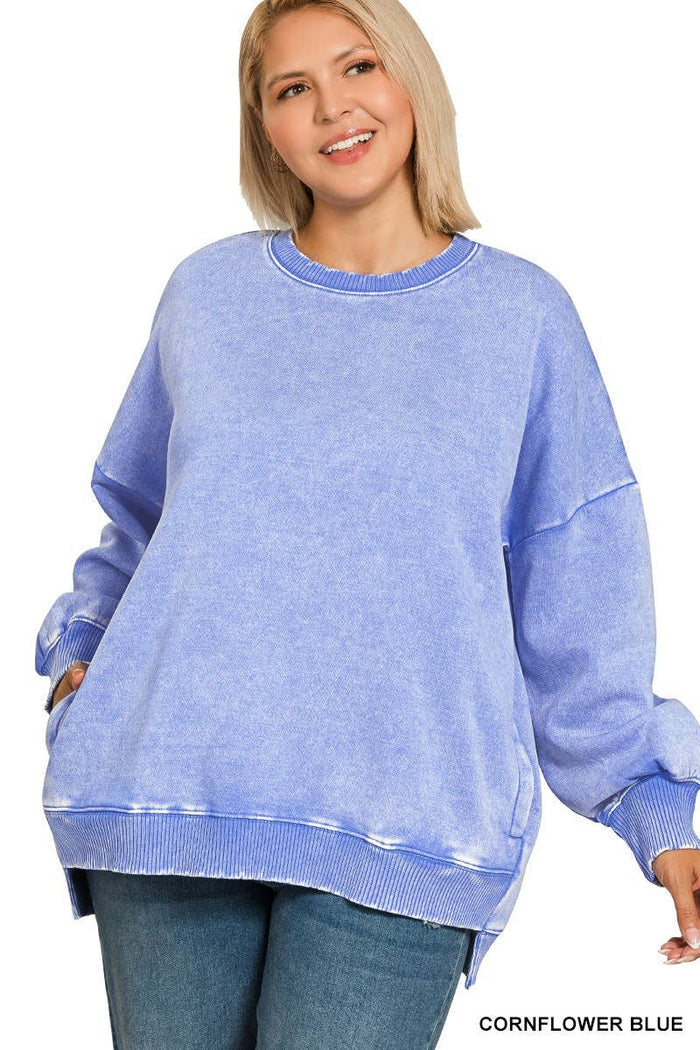Plus Acid Wash Fleece Hi-low Hem Pullover