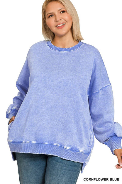 Plus Acid Wash Fleece Hi-low Hem Pullover