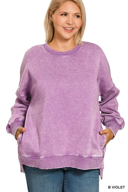 Plus Acid Wash Fleece Hi-low Hem Pullover