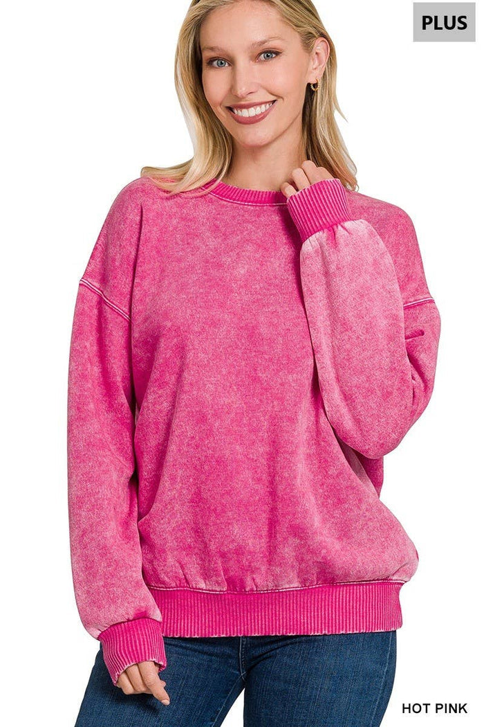Plus Acid Wash Fleece Oversized Pullover HOT PINK