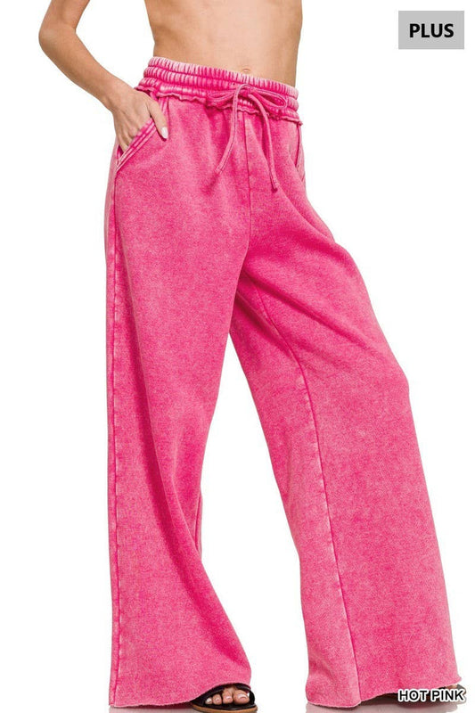 Plus Acid Wash Fleece Palazzo Sweatpants With Pockets