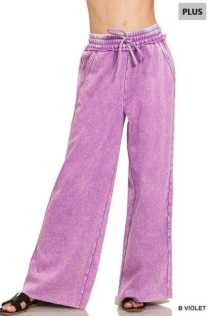 Plus Acid Wash Fleece Palazzo Sweatpants With Pockets