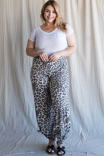 [PLUS SIZE]Leopard Print Side Slit Ankle Tie Pants