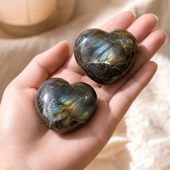 Polished Labradorite Heart Crystal, Puffy Mini 2 Inch Pocket Crystal Heart