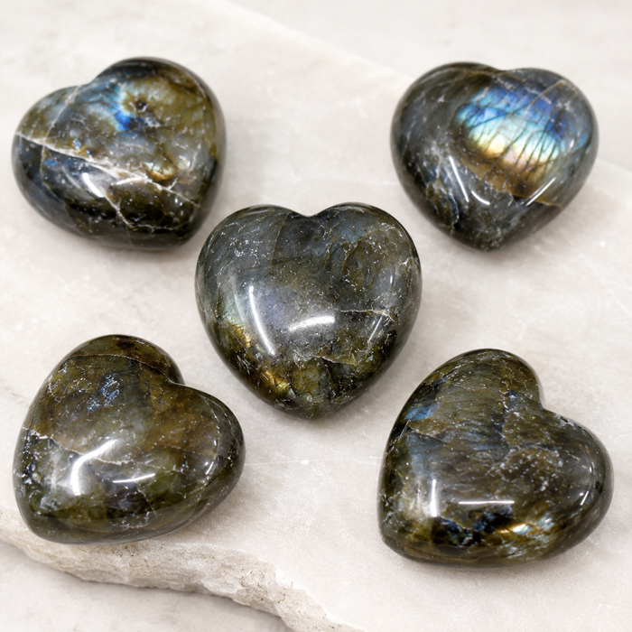 Polished Labradorite Heart Crystal, Puffy Mini 2 Inch Pocket Crystal Heart
