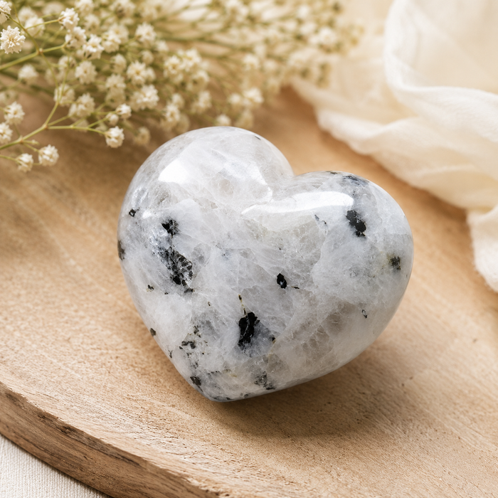 Polished Rainbow Moonstone Heart Crystal, Puffy Mini 2 Inch Pocket Crystal Heart