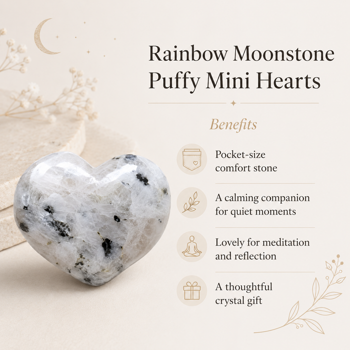 Polished Rainbow Moonstone Heart Crystal, Puffy Mini 2 Inch Pocket Crystal Heart
