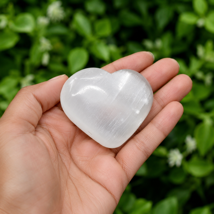 Polished Selenite Heart Crystal, Puffy Mini 2 Inch Pocket Crystal Heart