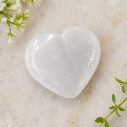 Polished Selenite Heart Crystal, Puffy Mini 2 Inch Pocket Crystal Heart