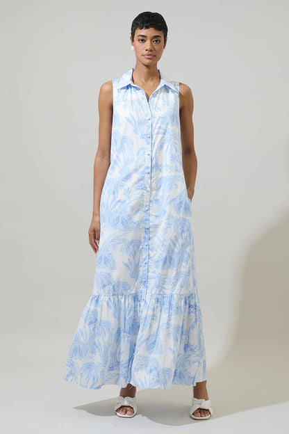 Poly Leaf Cileah Collared Maxi Dress