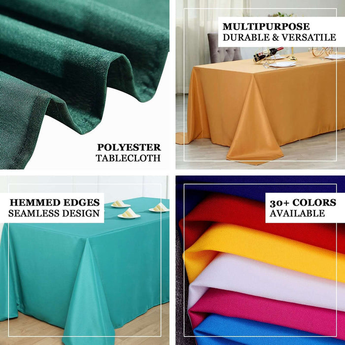 Polyester tablecloth in various colors with hemmed edges and seamless design.