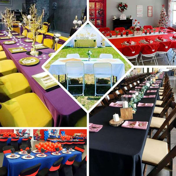 Various table settings for events with colorful tablecloths and decorations.