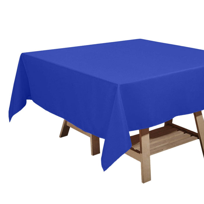 Blue tablecloth draped over a wooden table