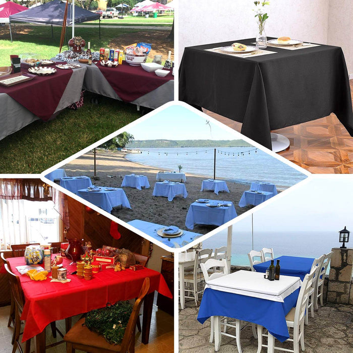 Various table settings with colorful tablecloths in outdoor and indoor scenes.