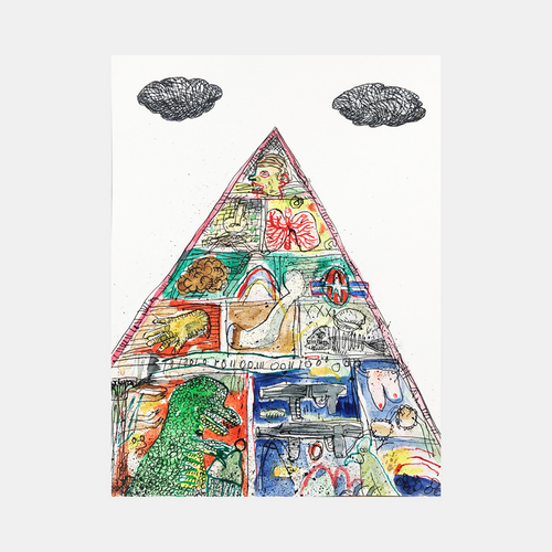 The artwork 'Pyramid Scheme' by Andrew Chan features a whimsical triangular composition filled with diverse illustrated panels. Each section contains vibrant watercolor and ink drawings, including a green dinosaur, abstract patterns, and various geometric shapes. Two sketched clouds float above the pyramid, creating a playful mix of styles in this 12x9 inch piece.