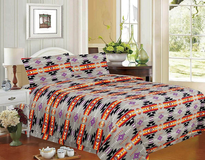 Queen 4pc Sheet Set – Grey featuring a Navajo print design in a beautifully styled bedroom.