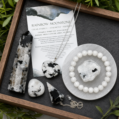 Rainbow Moonstone Crystal Gift Set For Emotional Support and Protection, Real Polished Gemstones.