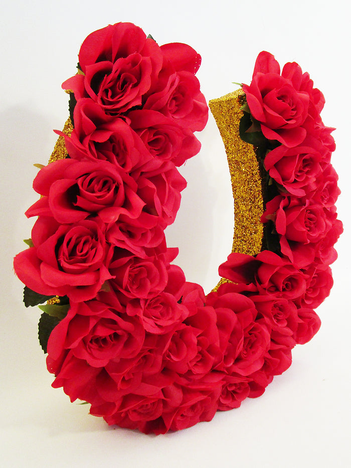 Red Silk Roses Horseshoe-side-view - Designs by Ginny