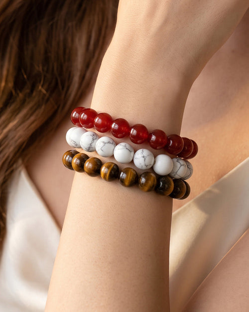Red White & Gold , Team Spirit Bracelet Stack, Gemstone Bracelet Set - 8mm