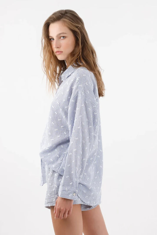 Relaxed Bermuda with Fine Stripes and Micro Motifs in Blue Polyester for Women