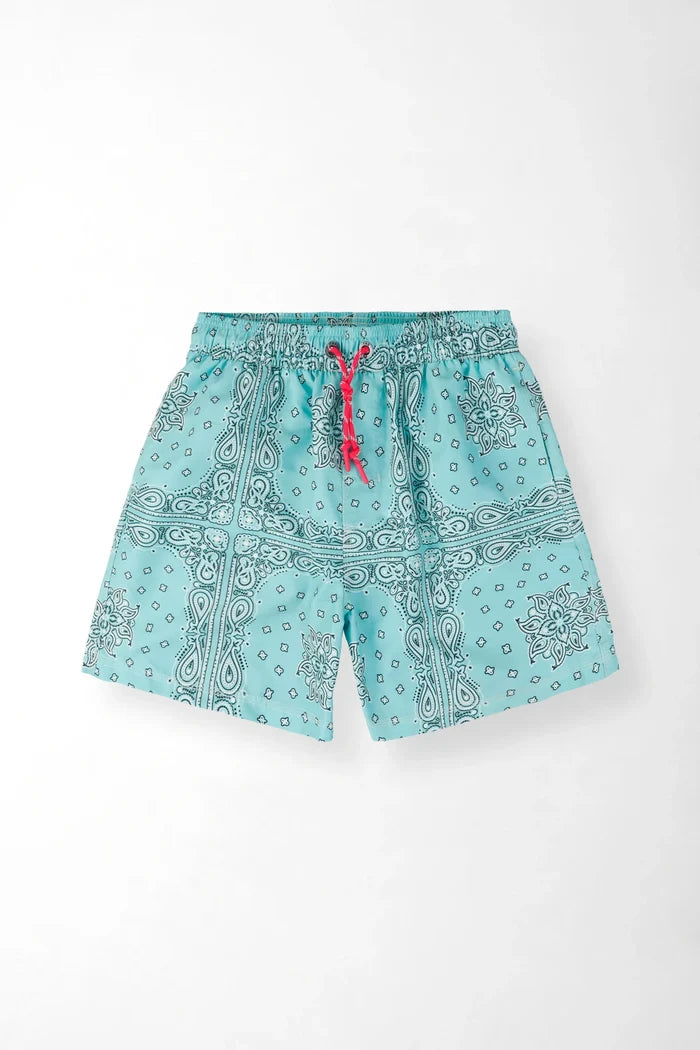 Relaxed Swim Shorts with Bandana Print in Aqua Polyester for Men