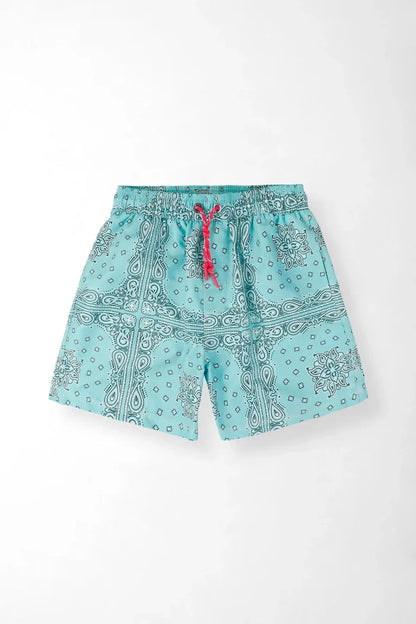Relaxed Swim Shorts with Bandana Print in Aqua Polyester for Men