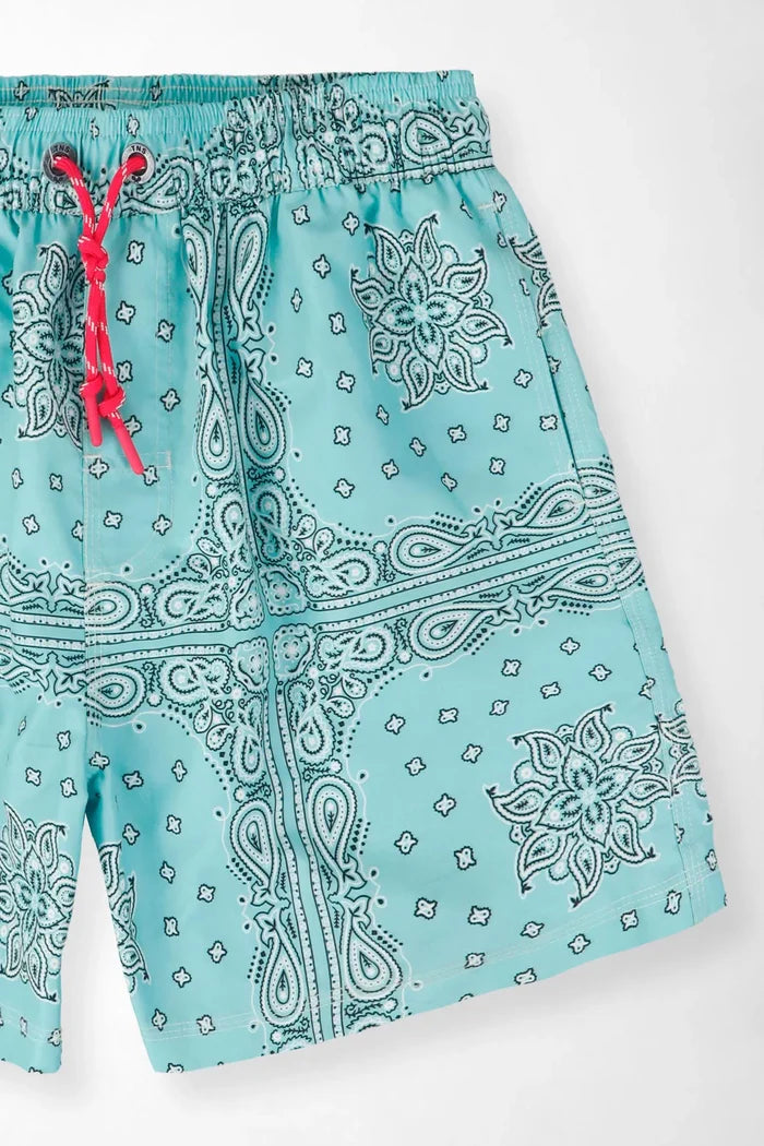 Relaxed Swim Shorts with Bandana Print in Aqua Polyester for Men