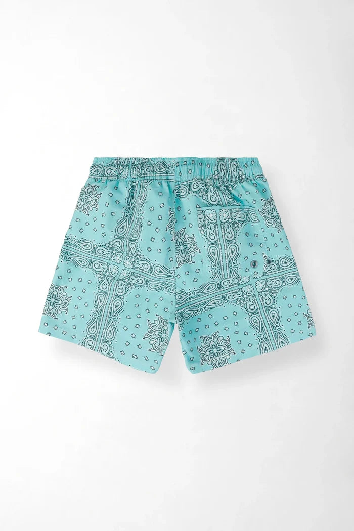 Relaxed Swim Shorts with Bandana Print in Aqua Polyester for Men